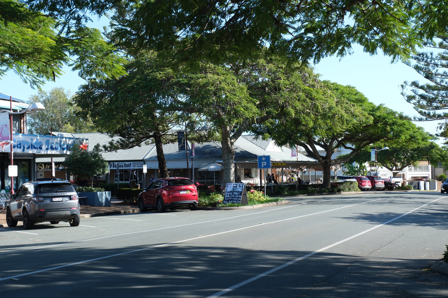 Looking north through Wellington Point's main business hub street.